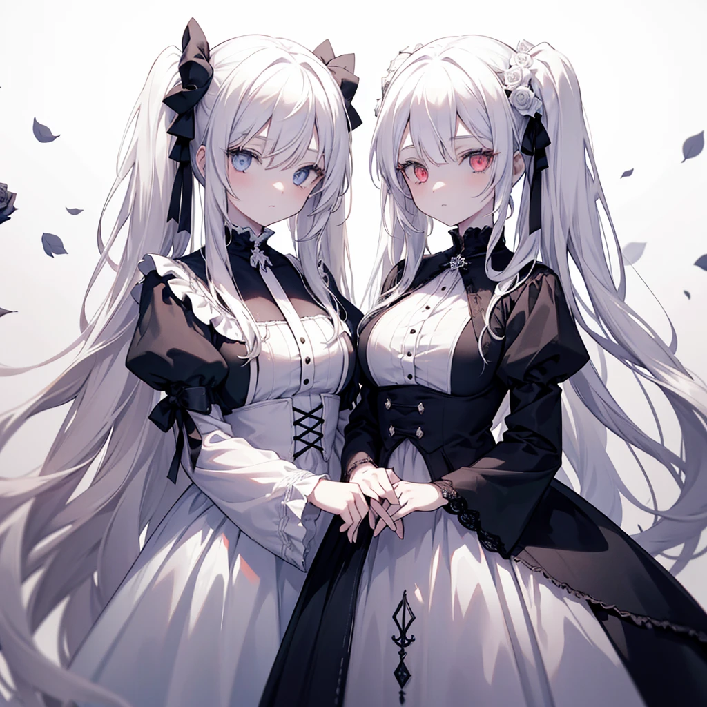 Two girls, red eyes and beige hair, blue eyes and white hair, twin tails, long hair, monochrome gothic fashion, white roses, white background,