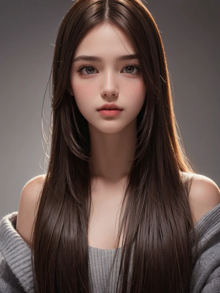 best qualtiy,tmasterpiece,A high resolution,Reality,RAW photogr,1girl,brunette color hair,Tall and tall,The background color is dark,There is a strong sense of contrast,The skin is tender and textured,cold light,With a shallow smile,With deep eyes