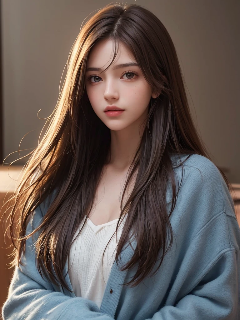 best qualtiy,tmasterpiece,A high resolution,Reality,RAW photogr,1girl,brunette color hair,Tall and tall,The background color is dark,There is a strong sense of contrast,The skin is tender and textured,cold light,With a shallow smile,With deep eyes