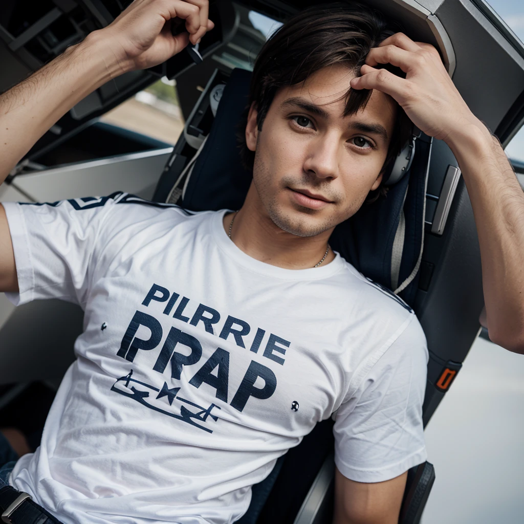 Create an airplane pilot with PIERRE written on his shirt
