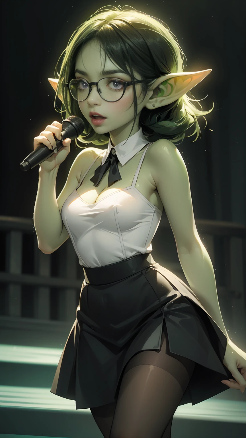 ((best quality)), ((masterpiece)), (detailed), perfect face, ((green skin)), pointy ears, tiny breasts, wearing black rimmed glasses, short dark hair, wearing tiny lace black bra and short black skirt and black pantyhose and back pumps, visible midriff, (night outside), very drunk, singing karaoke, having a great time, singing loudly, dynamic pose, colorful lighting, cinematic still, eyes closed, having fun, happy, cleavage, nip slip