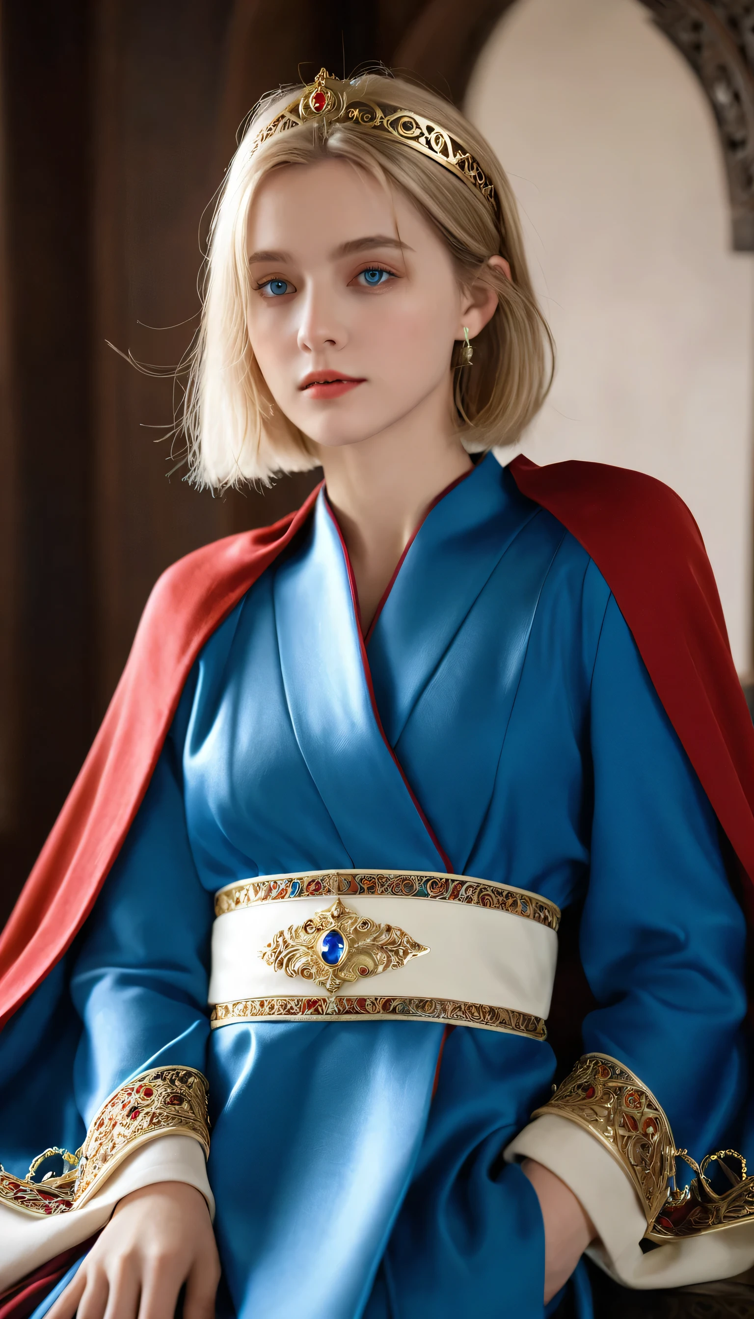 (Masterpiece: 1.2, Best Quality), Realistic, (Realistic Picture, Complex Details, Depth of Field), Best Quality, Masterpiece, Highly Detailed, Semi Realistic, 1 Girl, Mature Female, 21 Years Old, Blond Hair, Shoulder length Short Hair, Left Eye Covered with Hair, Blue Eyes, King's Clothes, Red Cloak, Slim Figure, Crown Made of Precious Gold, Reading Documents, Marking Documents, Goose Hair Pen, Office Table, Soft Bench, Palace, In the palace, during the Middle Ages