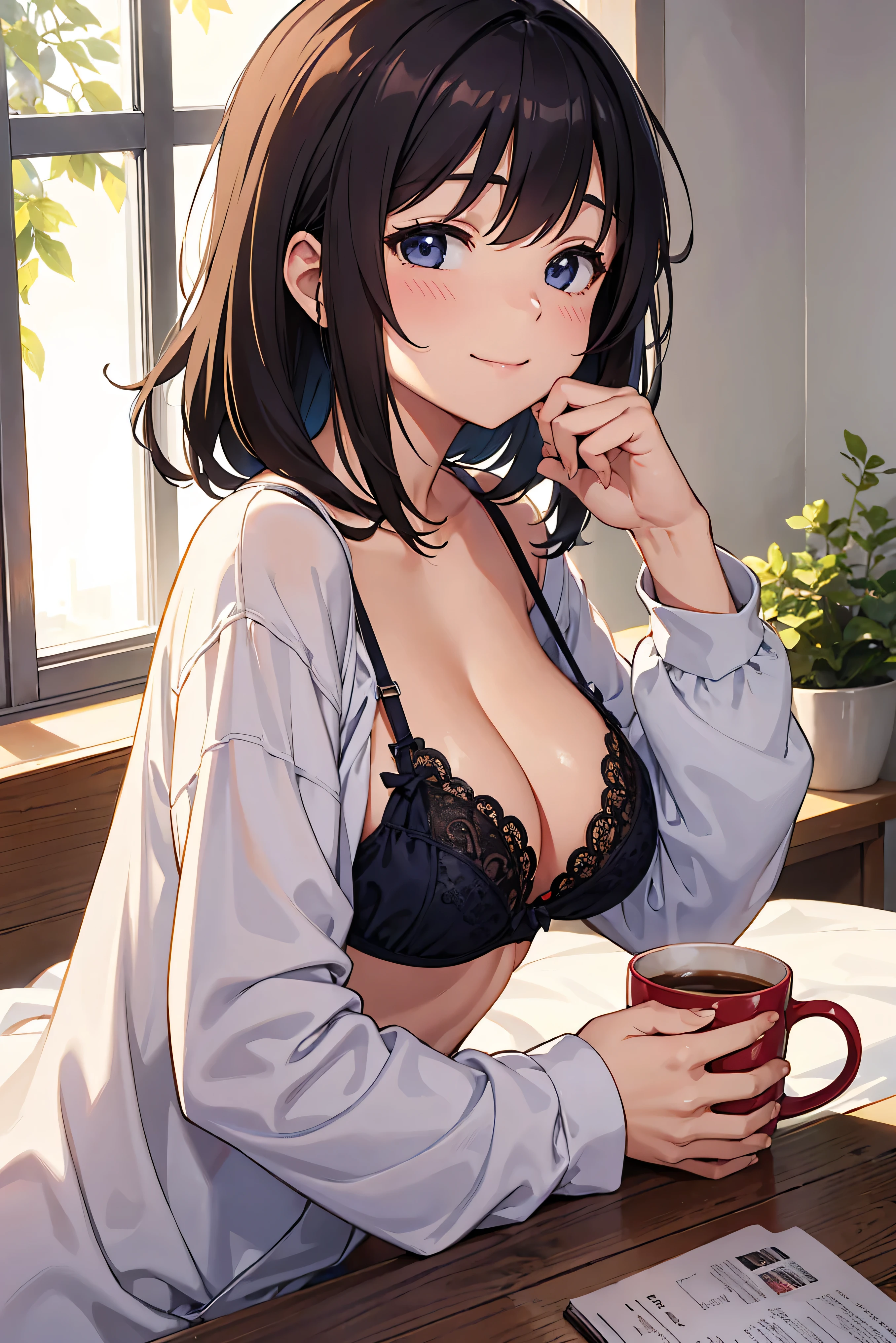 1girl, morning, hold a coffee mug, from side, cute smile, sleep wear, , window, bra, comfy