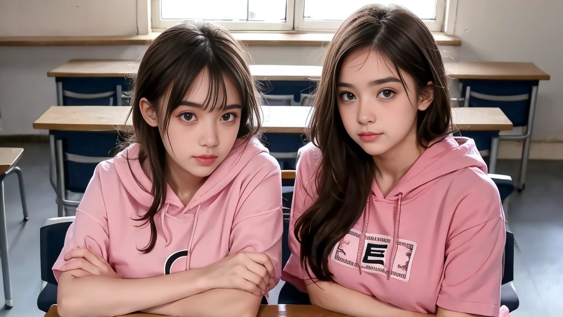 deux femmes ensemble de 18 ans sexy et mince , pink short sleeve hoodie , salle de classe, se touche,position sey,sensuel