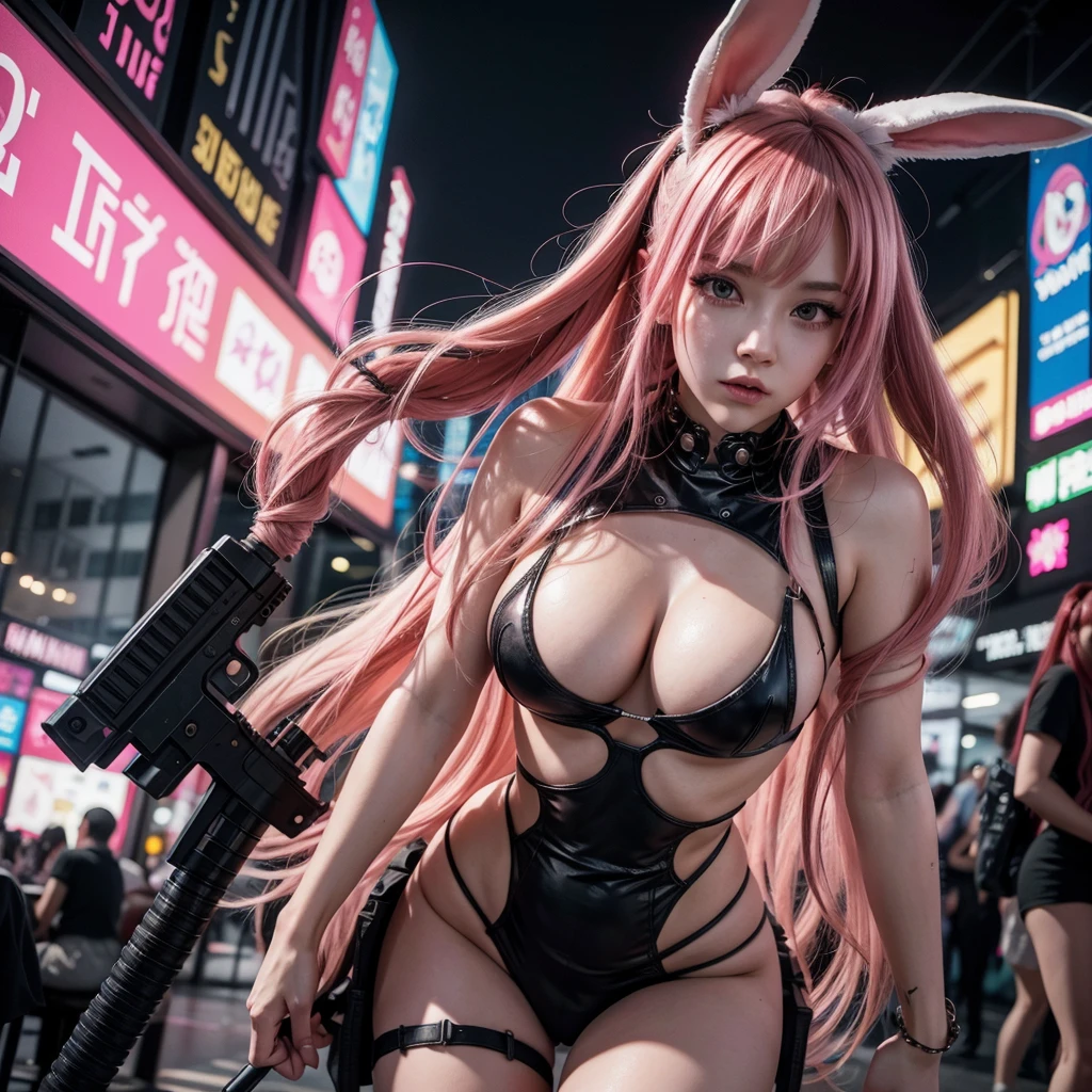 bunny girl, her hair is pink and long, her style is cyberpunk with weapons around the body in red