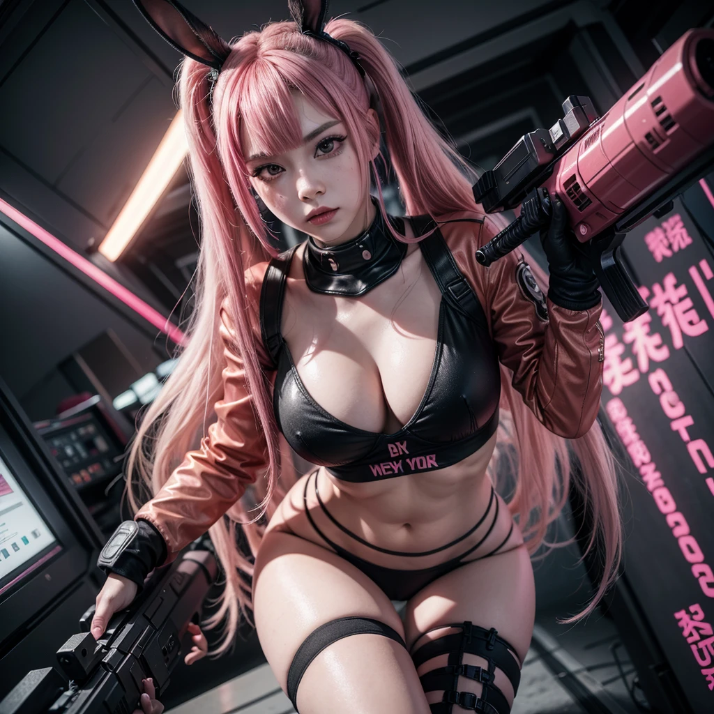 bunny girl, her hair is pink and long, her style is cyberpunk with weapons around the body in red