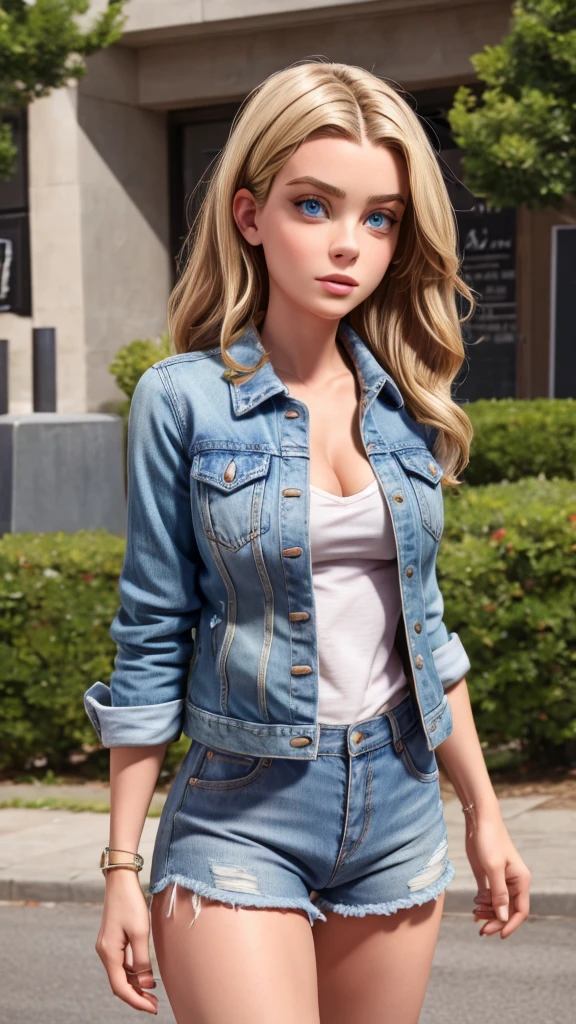 Lana rhoades sexy, with blonde hair, she is wearing a denim jacket covering her breasts, eu um shorts jeans. Show it in full