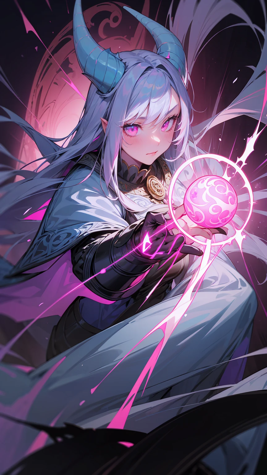 Create an illustration of a powerful, dark sorceress with deep purple skin and long, flowing white hair. She has glowing pink eyes and wears an elaborate, dark armor with intricate silver and red designs. She has large, curved black horns on her head, adding to her menacing presence. The sorceress holds a glowing blue lightning orb in one hand and a pink magical orb in the other. Her background is a mystical setting with ancient scrolls and scripts, with vibrant swirls of pink and blue magical energy emanating from her, blending into the surrounding atmosphere - looking like watercolor drawing on old papyrus
