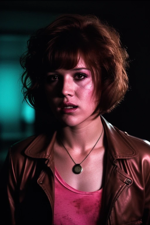 Full shot of eighteen--old ly Ringwald, messy/shaggy razored/layered bob haircut with sideswept bangs, bags under eyes, exhausted eyes, undershadowed eyes, with copper pocketwatch necklace, wearing dark green jacket with sleeves rolled up, white tank top and jeans, extremely realistic, extremely detailed, extreme realism, extreme detail, extremely accurate resemblance, scene from 1986 psychological sci-fi horror film, directed by Michael Mann, cinematography by Dante Spinotti, muted color scheme, muted color palette, neo-noir, tech-noir, shot on 35mm film, atmospheric, moody, Manhunter (1986) influenced, Thief (1981) influenced, bedhead, unkempt hair, insomniac, dark circles under eyes, brooding anti-heroine, cult classic, cult film, complex, elaborate, masterpiece, underlit, dark, 4k ultra HD remaster from original 35mm film negative, taken from 4k ultra HD Blu-Ray release, directed by Nicholas Winding Refn, synthwave, neon, retrowave, darkwave, Hotline Miami vibes, Drive (2011) vibes, neon nightmare, neon hell, neon noir, nightmare noir