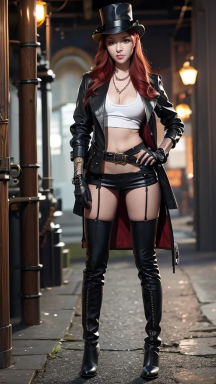 1girl, solo, hat, boots, steampunk, necklace, jewelry, goggles, top_hat, looking_at_viewer, pants, blurry, blurry_background, goggles_on_headwear, red_hair, long_hair, knee_boots, gloves, full_body, realistic, standing, jacket, green_eyes, breasts, belt, black_footwear, chain, leather