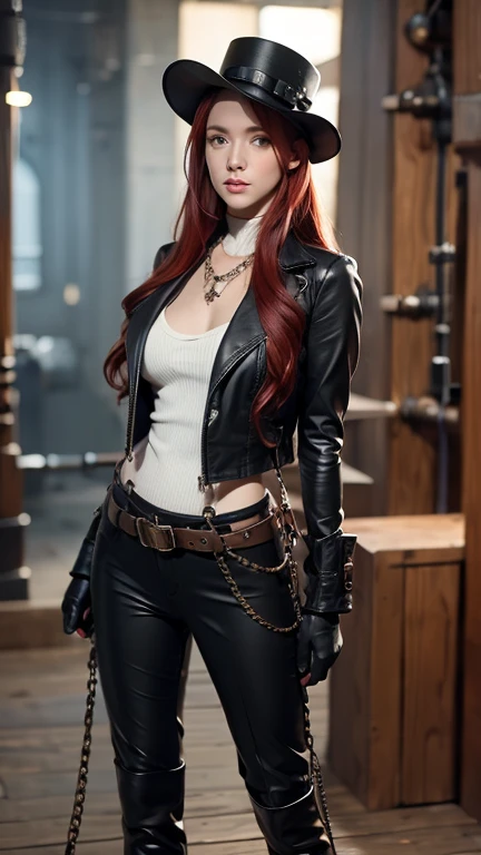 1girl, solo, hat, boots, steampunk, necklace, jewelry, goggles, top_hat, looking_at_viewer, pants, blurry, blurry_background, goggles_on_headwear, red_hair, long_hair, knee_boots, gloves, full_body, realistic, standing, jacket, green_eyes, breasts, belt, black_footwear, chain, leather