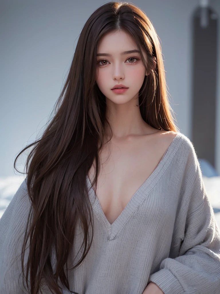 best qualtiy，tmasterpiece，A high resolution，Reality，RAW photogr，1girl，brunette color hair，Tall and tall，The background color is dark，There is a strong sense of contrast，The skin is tender and textured，cold light，With a shallow smile，With deep eyes 