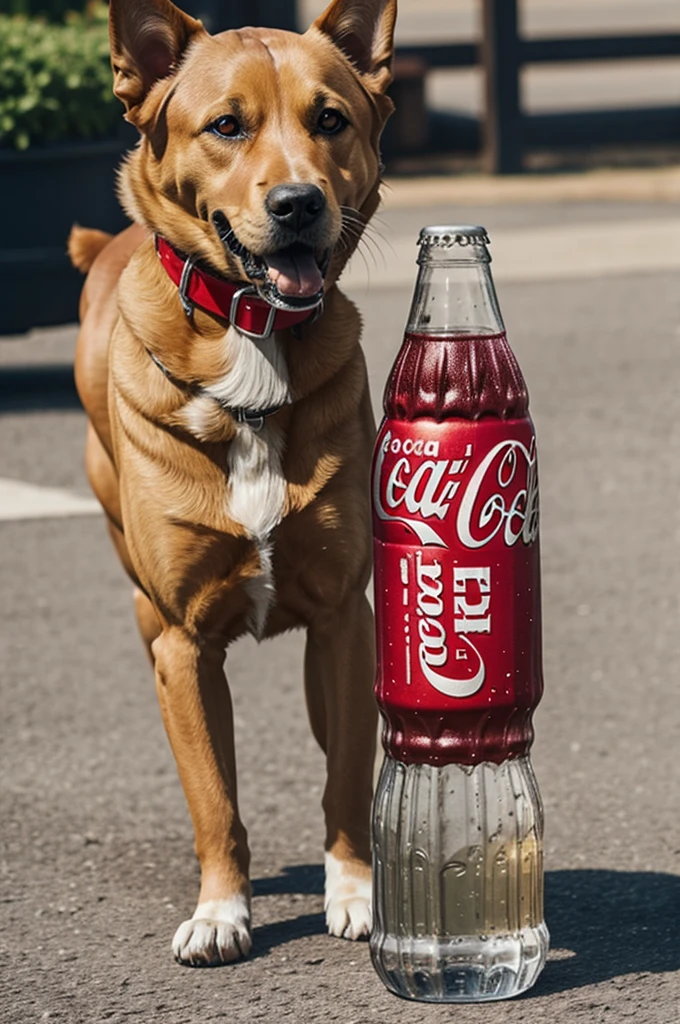 Create a dog holding a Coca-Cola bottle
