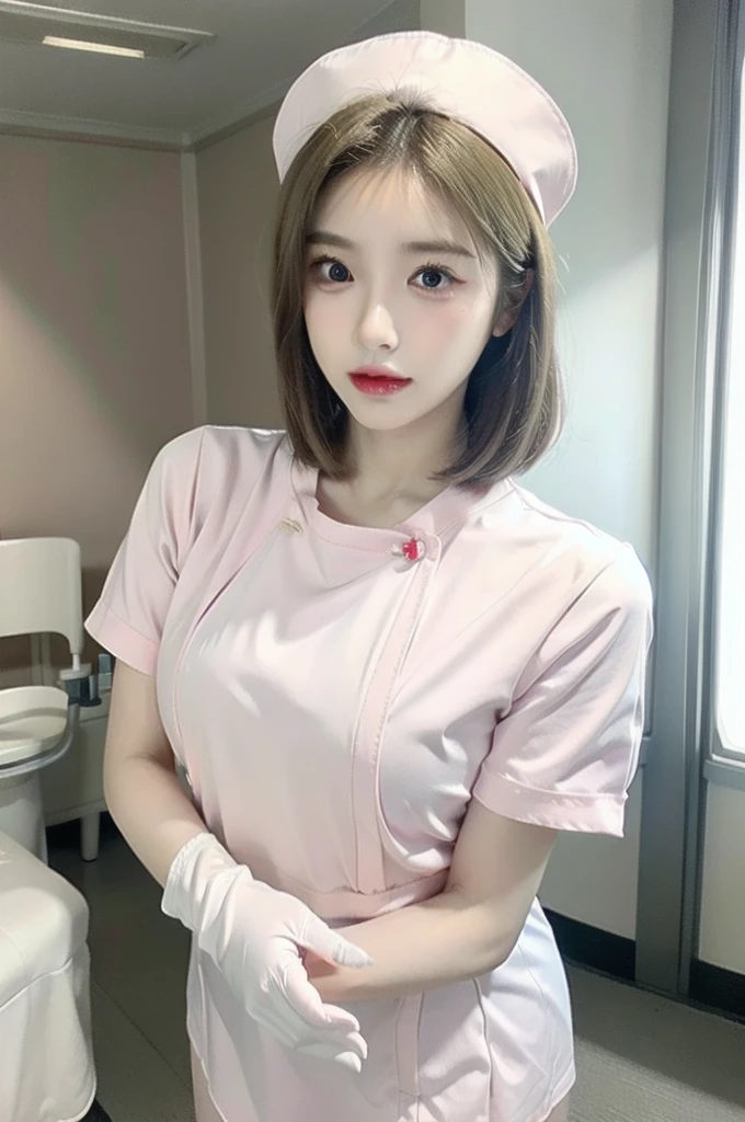 1woman, solo, nurse, nurse cap, white nurse uniform, ((white legwear, zettai ryouiki)), white gloves, shouldet length bob cut blonde hair, brown eyes, pink lips, angry, standing, ((hospital room)), sharp outline, short sleeves, mature female, 28 years old, best quality, masterpiece