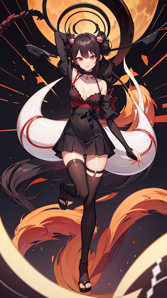 Woman with crimson red eyes, short brown black hair, Foxian tails, large breasts, black leotard dress with dark red transparent organza fabric, thigh highs, dark and cunning look, European foil sword, full body