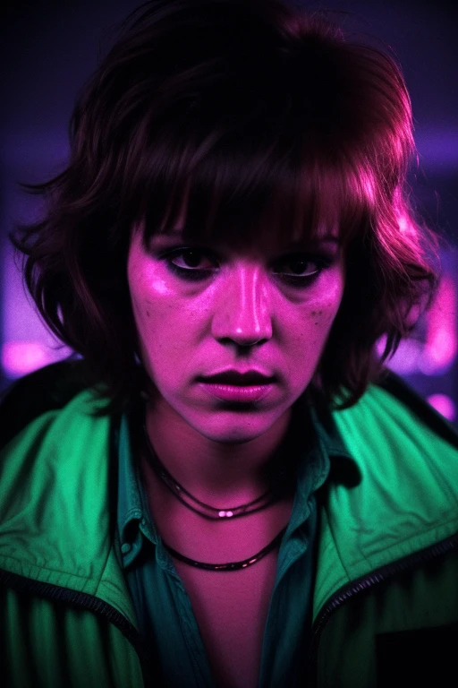 Full shot of eighteen--old ly Ringwald, messy/shaggy razored/layered bob haircut with sideswept bangs, bags under eyes, exhausted eyes, undershadowed eyes, with copper pocketwatch necklace, wearing dark green jacket with sleeves rolled up, white tank top and jeans, extremely realistic, extremely detailed, extreme realism, extreme detail, extremely accurate resemblance, scene from 1986 psychological sci-fi horror film, directed by Michael Mann, cinematography by Dante Spinotti, muted color scheme, muted color palette, neo-noir, tech-noir, shot on 35mm film, atmospheric, moody, Manhunter (1986) influenced, Thief (1981) influenced, bedhead, unkempt hair, insomniac, dark circles under eyes, brooding anti-heroine, cult classic, cult film, complex, elaborate, masterpiece, underlit, dark, 4k ultra HD remaster from original 35mm film negative, taken from 4k ultra HD Blu-Ray release, directed by Nicholas Winding Refn, synthwave, neon, retrowave, darkwave, Hotline Miami vibes, Drive (2011) vibes, neon nightmare, neon hell, neon noir, nightmare noir, neon horror, synth-horror