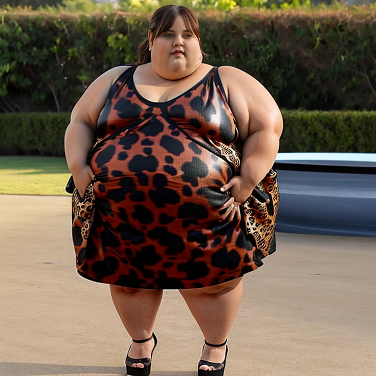 Ssbbw extremely morbidly obese solo Jenna Ortega full body alone wearing a leopard dress