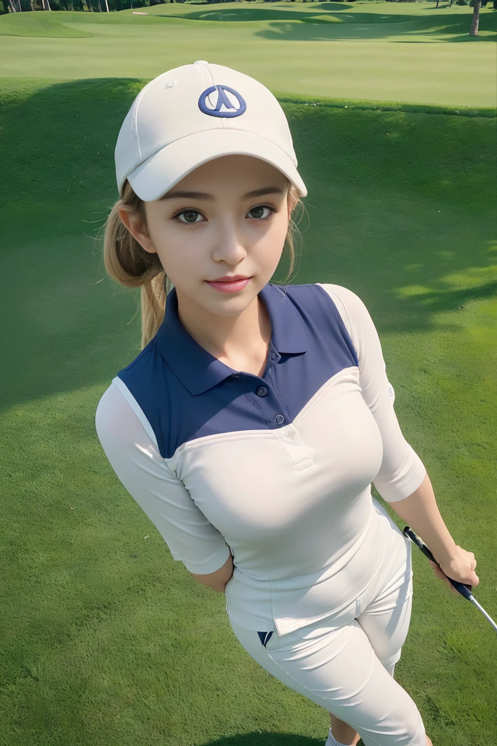 (masterpiece:1.3), High resolution, Very detailed, CG, 8K壁紙, photo-realistic, RAW Photos, (8K, Highest quality, masterpiece:1.2), (Realistic:1.4), Beautifully detailed face, Perfect and beautiful face, Beautiful and elaborate face, Accurate, Highly detailed face and skin texture, Detailed hair texture, Perfect body, (Fair skin:1.2), Beautiful eyes in every detail, Slim face and figure, Big eyes, (Glossy Lips, Natural color lip:1.4), ((Sexy sensual smile, Attractive sexy smile:1.4)), ((Beautiful woman, Random Cute Hairstyles:1.4)), ((Beautiful womanがゴルフ場でゴルフをしているシーン。She was wearing tight golf clothes.、The outfit accentuates her curves.。A fitted polo shirt on the upper body、Sleeves are short、There is a small logo on the chest。The bottoms are short pants that fit snugly against the body.、Emphasizing ease of movement while emphasizing feminine curves。Her hair is blonde、It is tied up in a ponytail、Wearing a cap。She holds a golf club、Taking a pose just before swinging。The lush fairway and blue sky spread out in the background.、A refreshing landscape unfolds。Her expression was focused.、You can feel that you are demonstrating your golf skills.:1.4)), ((Full Body Shot:1.4)), (Staring at the audience:1.3), ((sexy shot looking at camera, Bold sexy pose:1.3)), (Detailed Background:1.2), Perfect dynamic composition