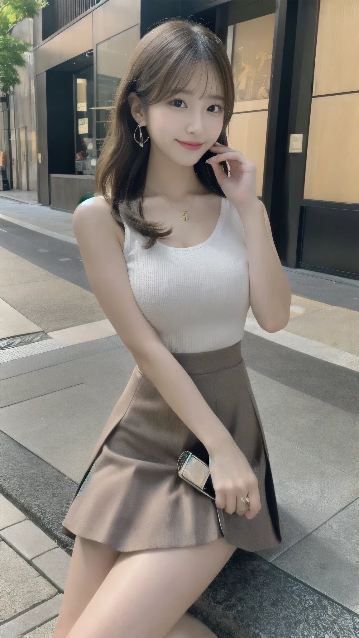 Tabletop, Highest quality, figure, Super detailed, In detail, High resolution, 8k wallpaper, Perfect dynamic composition, Beautiful attention to detail, (dress),Medium Hair, Same as, Natural color lip, Random sexy poses, Big ample breasts、smile, Earrings, necklace, Aoyama Street Walk, 20-year-old girl, Depth of written boundary、Esbian all over、Sit with one knee raised、mini skirt