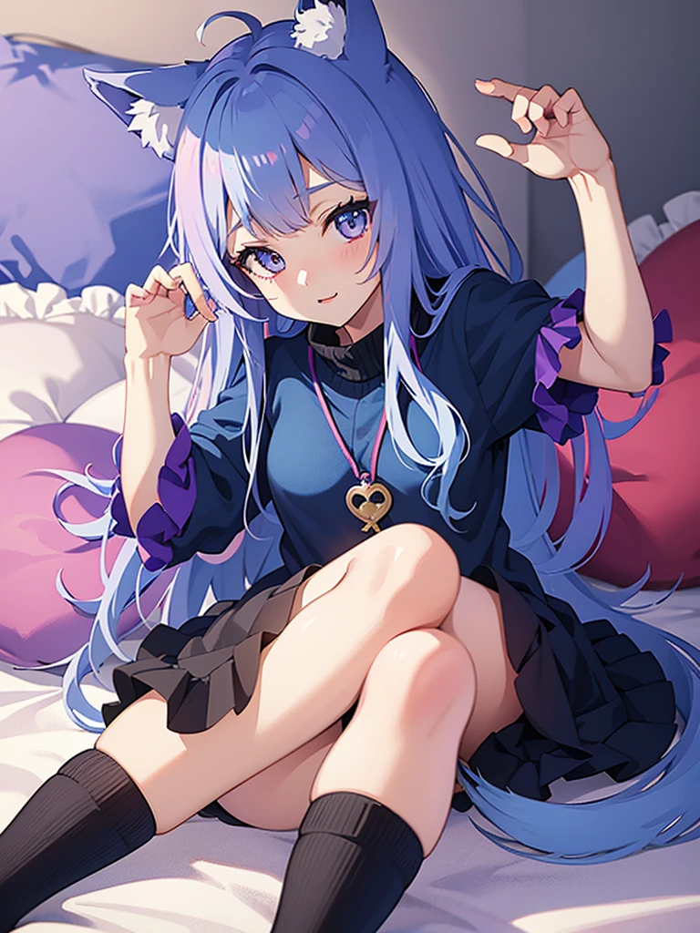 1 girl with blue hair and purple cat ears and unicorn horns, moe art style anime, cute anime catgirl, anime style art, nekomimi, Holo as a wolf girl, anime style, 8k, anime girl with cat ears, anime catgirl, high quality anime art style, cute anime style, anime feel, photorealistic kawaii