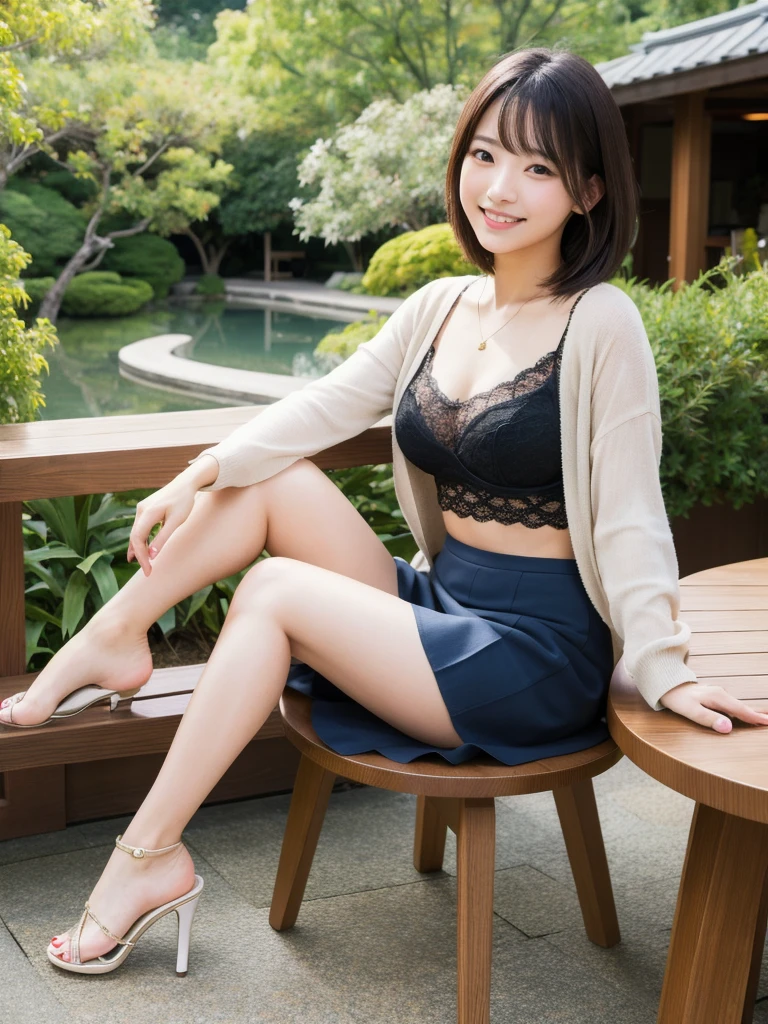 (8K, Realistic, RAW Photos, Highest quality: 1.4),Japanese idol-style beautiful girl,1 person,18-year-old,Short Bob,She has her hair tucked behind her ears,Large, clear grey eyes,Long eyelashes,(piercings(small)),(Lip gloss),lips(Plump,glossy),Tank top,Lace Cardigan,(flare skirt),Long legs,Barefoot and high heels,Cafe terrace with a view of the Japanese garden,Sitting on a chair with legs crossed,Smiling at the camera,Front view,Full body portrait
