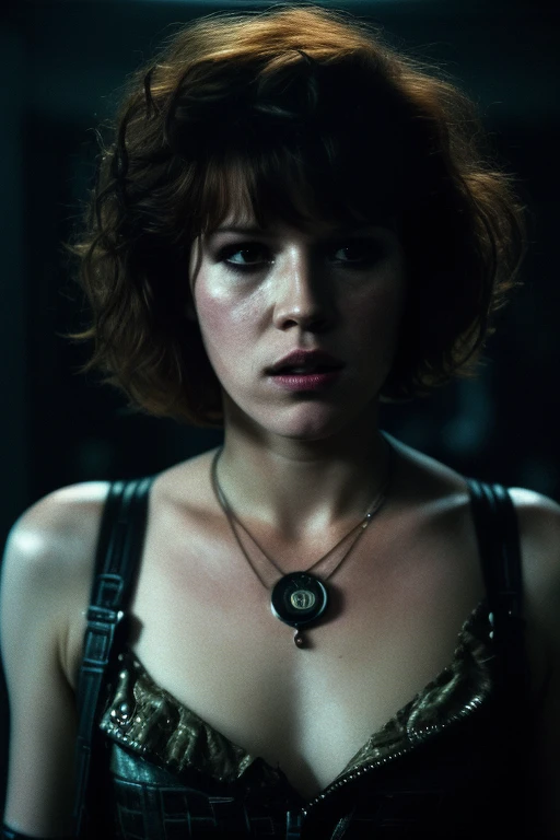 Full shot of eighteen-year-old Molly Ringwald, messy/shaggy razored/layered bob haircut with sideswept bangs, bags under eyes, exhausted eyes, undershadowed eyes, with copper pocketwatch necklace, wearing dark green jacket with sleeves rolled up, white tank top and jeans, extremely realistic, extremely detailed, extreme realism, extreme detail, extremely accurate resemblance, scene from 1986 psychological sci-fi horror film, directed by Michael Mann, cinematography by Dante Spinotti, muted color scheme, muted color palette, neo-noir, tech-noir, shot on 35mm film, atmospheric, moody, Manhunter (1986) influenced, Thief (1981) influenced, bedhead, unkempt hair, insomniac, dark circles under eyes, brooding anti-heroine, cult classic, cult film, complex, elaborate, masterpiece, underlit, dark, 4k ultra HD remaster from original 35mm film negative, taken from 4k ultra HD Blu-Ray release, directed by Nicholas Winding Refn, synthwave, neon, retrowave, darkwave, Hotline Miami vibes, Drive (2011) vibes, neon nightmare, neon hell, neon noir, nightmare noir, neon horror, synth-horror