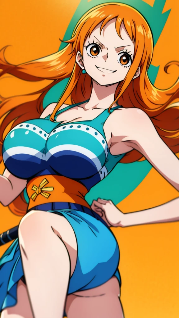 Generate a realistic anime-style image of Nami from One Piece. Capture her distinctive look with orange hair, a shirt, and a cheerful expression. Make sure the picture reflects your adventurous and confident personality as shown in the anime.., whole body, Wide plane , NSFW, Curvy athletic body, Island background,bra top, Skirt, orange eyes, orange eyes, armpits , ass .