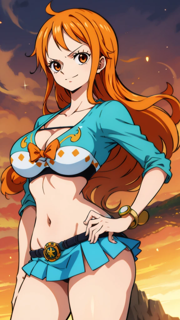 Generate a realistic anime-style image of Nami from One Piece. Capture her distinctive look with orange hair, a shirt, and a cheerful expression. Make sure the picture reflects your adventurous and confident personality as shown in the anime.., whole body, Wide plane , NSFW, Curvy athletic body, Island background,bra top, Skirt, orange eyes, orange eyes, armpits , ass .