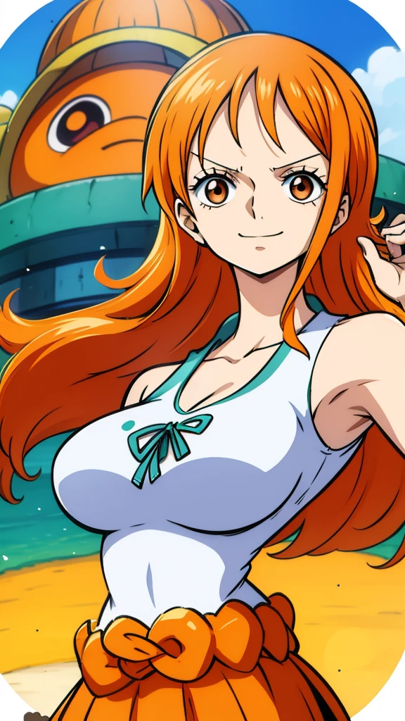 Generate a realistic anime-style image of Nami from One Piece. Capture her distinctive look with orange hair, a shirt, and a cheerful expression. Make sure the picture reflects your adventurous and confident personality as shown in the anime.., whole body, Wide plane , NSFW, Curvy athletic body, Island background,bra top, Skirt, orange eyes, orange eyes, armpits , ass .