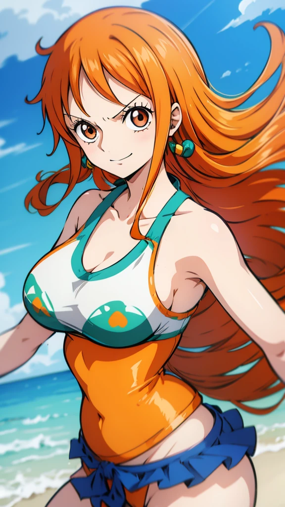 Generate a realistic anime-style image of Nami from One Piece. Capture her distinctive look with orange hair, a shirt, and a cheerful expression. Make sure the picture reflects your adventurous and confident personality as shown in the anime.., whole body, Wide plane , NSFW, Curvy athletic body, Island background,bra top, Skirt, orange eyes, orange eyes, armpits , ass .