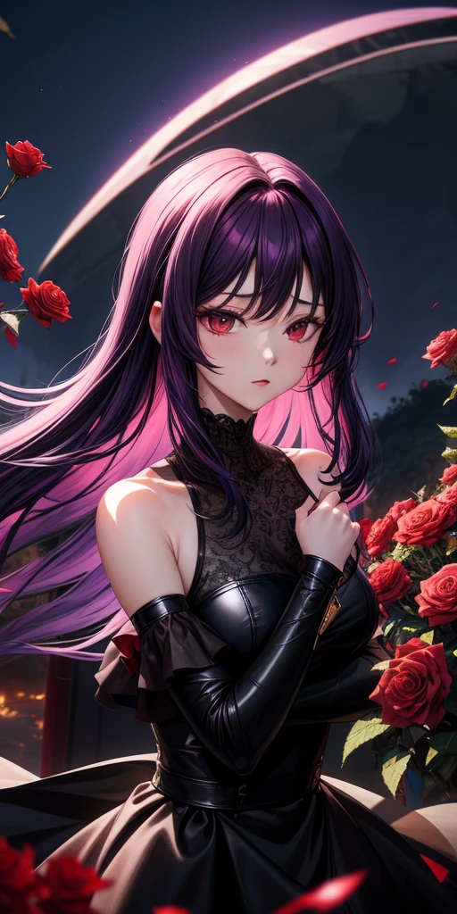 (anime, masterpiece, intricate:0.9), summer night aestetic background, comics_darkstalkers_morrigan_aensland, Slender hips, slim stomach, thin waist, sexy posing, medium teardrop-shaped breasts, slim body, violet hair, violet eyes, skimpy black dress, lingerie, breasts decollete, neck decoration, heart shaped earrings, girly decorations, solo, flowers, modest smile, bright red lipstick, painted nails (red)