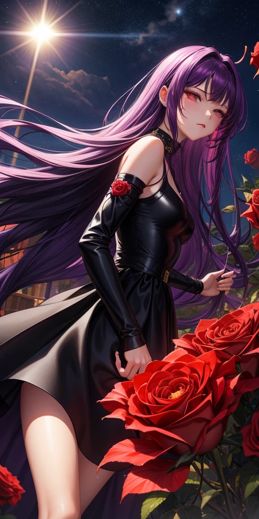 sunlight,woman,Purple Hair,conjunctivitis,black and red princess dress,The atmosphere is full of roses.,The wind is blowing,Streaming hair,Manghwa,Have meth,At night,werewolf,ถือปืนลายสีดำทอง,มีพลังวิเศษ,พื้นหลังมีกากเพรชสีทอง,มีผีเสื้อ