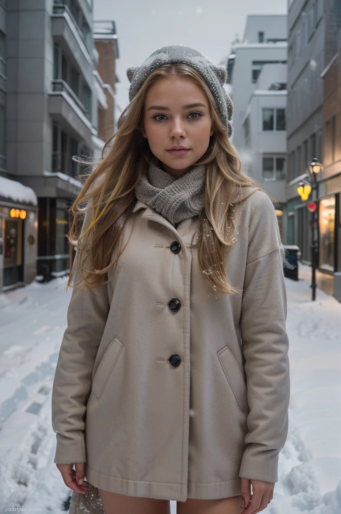 professional portrait photograph of a gorgeous Norwegian girl in winter clothing with long wavy blonde hair, sultry flirty look, gorgeous symmetrical face, cute natural makeup, wearing elegant warm winter fashion clothing, ((standing outside in snowy city street)), stunning modern urban environment, ultra realistic, concept art, elegant, highly detailed, intricate, sharp focus, depth of field, f/1. 8, 85mm, medium shot, mid shot, (((professionally color graded))), bright soft diffused light, (volumetric fog), trending on instagram, hdr 4k, 8k