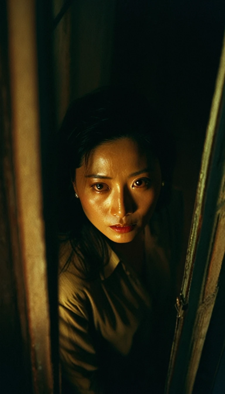 Extreme high angle shot from above, woman, looking at camera, drama movie, movie still, lighting through window, shadows on face, wong kar wai color palette
