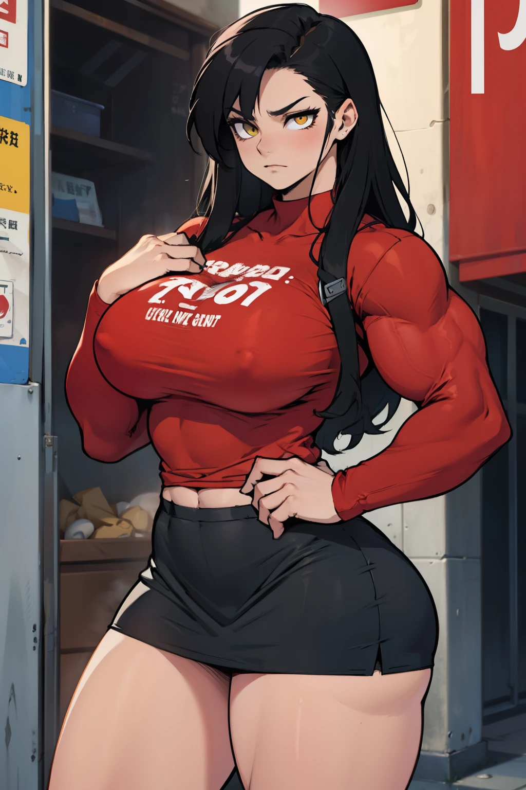 huge muscles huge breasts huge thighs pale skin black hair yellow eyes very long hair muscular girl sad expressionless plated skirt long sleeve tight t-shirt