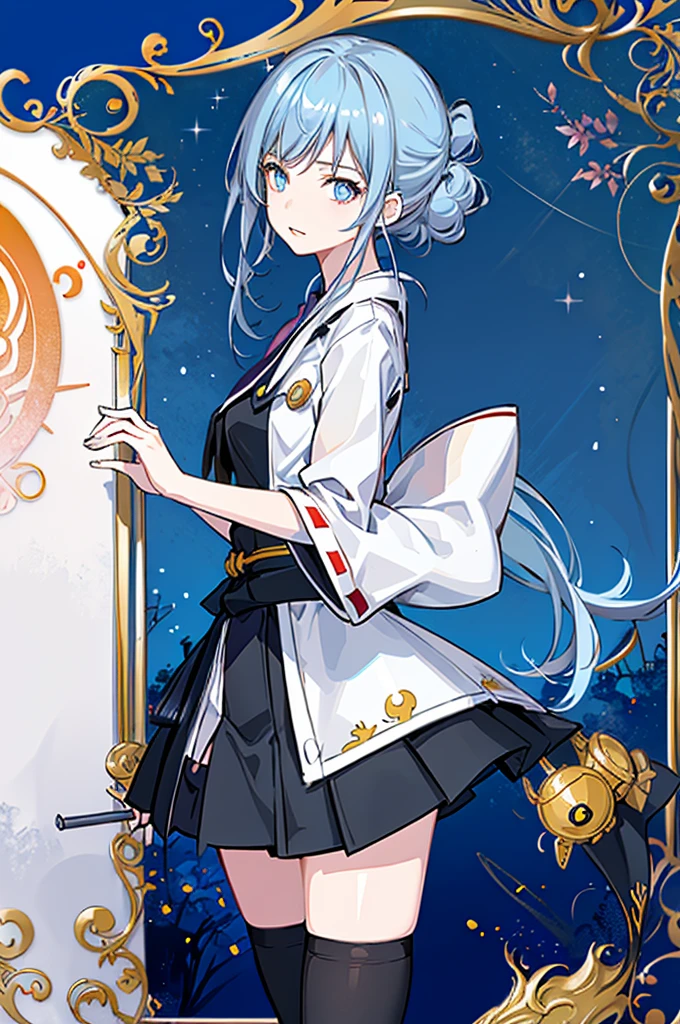 1girl, solo, outdoors, long hair, holy place, Original,(Illustration:1.1),(Best Quality),(masutepiece:1.1),(the Extremely Detailed CG Unity 8K Wallpapers:1.1), (Colorful:0.9),(mid-shot:0.95),(extremely detailed beautiful face),(Solo:1.2), (girl),(((Lori))), (Detailed beautiful eyes:1.15), (Beautiful face:1.15), (Glowing blue eyes:1.25////),(((sky blue Long Hair))),(two side up),(+perfect hand+:1.21),(Draw illustration of Japan priestess costume),(slender),(White pleated skirt),(Gothic),((black thighhighs)),(frilld),(Beautiful Slender Lolita Girl),hallowween,standing, girl,10 years old, girl,foggy place,vampire,sky blue hair,(((full body,whole body))),