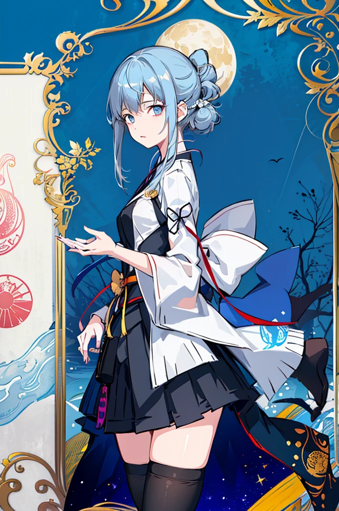 1girl,  solo, outdoors, long hair, holy place, Original,(Illustration:1.1),(Best Quality),(masutepiece:1.1),(the Extremely Detailed CG Unity 8K Wallpapers:1.1), (Colorful:0.9),(mid-shot:0.95),(extremely detailed beautiful face),(Solo:1.2), (girl),(((Lori))), (Detailed beautiful eyes:1.15), (Beautiful face:1.15), (Glowing blue eyes:1.25////),(((sky blue Long Hair))),(two side up),(+perfect hand+:1.21),(Draw illustration of Japan priestess costume),(slender),(White pleated skirt),(Gothic),((black thighhighs)),(frilld),(Beautiful Slender Lolita Girl),hallowween,standing, girl,10 years old,  girl,foggy place,vampire,sky blue hair,(((full body,whole body))),