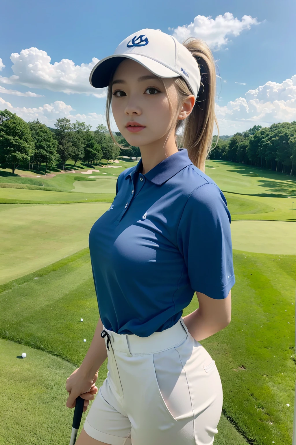 Scene with beautiful woman playing golf on golf course。She was wearing tight golf clothes.、The outfit accentuates her curves.。A fitted polo shirt on the upper body、Sleeves are short、There is a small logo on the chest。The bottoms are short pants that fit snugly against the body.、Emphasizing ease of movement while emphasizing feminine curves。Her hair is blonde、It is tied up in a ponytail、Wearing a cap。She holds a golf club、Taking a pose just before swinging。The lush fairway and blue sky spread out in the background.、A refreshing landscape unfolds。Her expression was focused.、You can feel that you are demonstrating your golf skills.