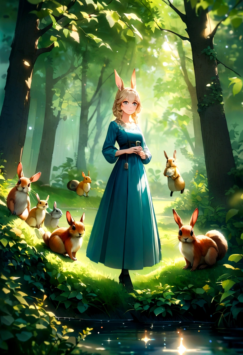 Детский наA girl with long blonde hair and blue eyes is standing in a forest, in a sunny clearing, surrounded by green trees. She is wearing an elegant blue dress trimmed with lace. The girl is smiling and looks like she is talking to the animals that are around her.These are squirrels, bunnies, chanterelles. The image is made in a realistic style, with detailed nature and soft lighting, emphasizing its beauty and connection with nature."ряд, детские книги, Кролик, лиса, Белки и совы, в лесу, приятный, Жизнерадостный,