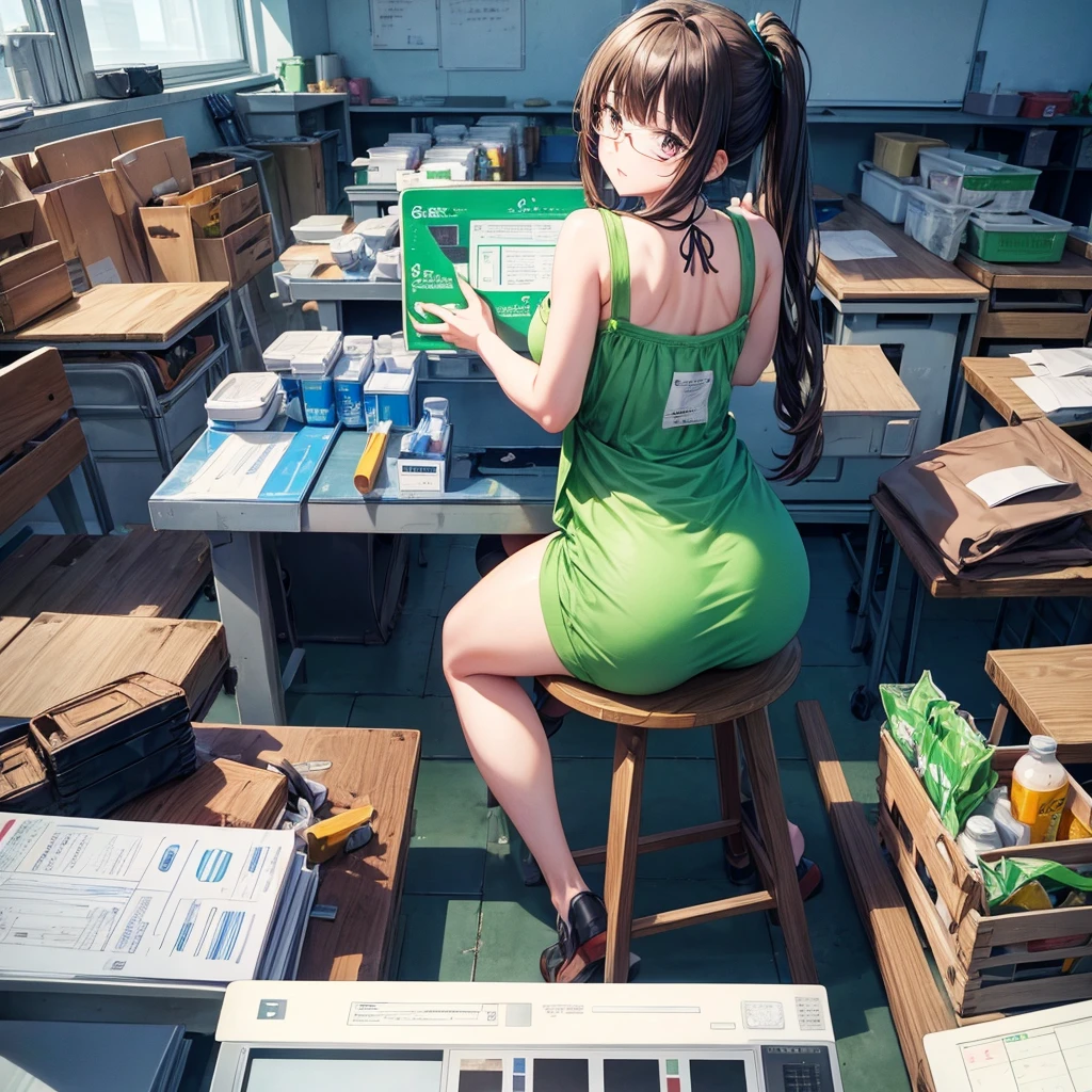 Anime drawing of a teacher explaining in class about the presentation of the different labeled containers for solid waste. (organic, inorganic, hazardous).