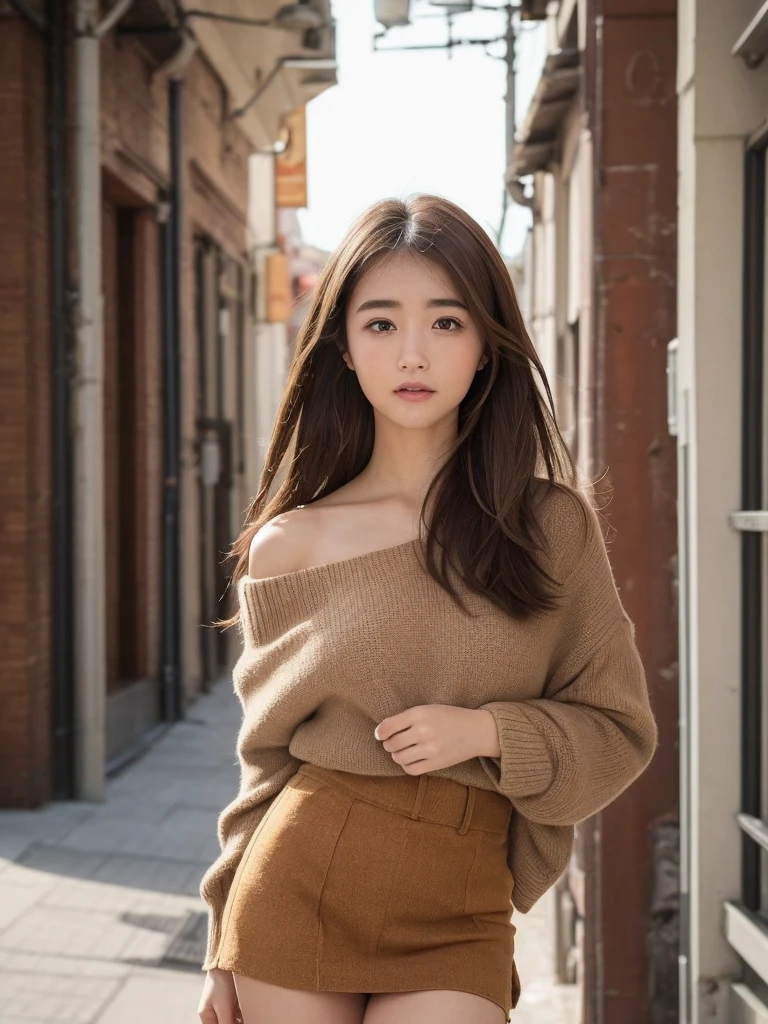 16K、One 18-year-old Japanese woman、Pure white off-the-shoulder knit long sweater、Plain navy denim mini skirt、A very beautiful, cute and symmetrical small face、Super long, shiny, super straight brown hair that reaches down to the waist、(Brown hair that is too bright and noticeable:1.8)、(Long and slender legs)、One girl、
