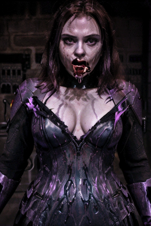 an evil mutant goblin spitting a jet of glowing purple liquid into Black Widow's face wearing the costume that appears in the cinema, New York street, night, hyper-realistic