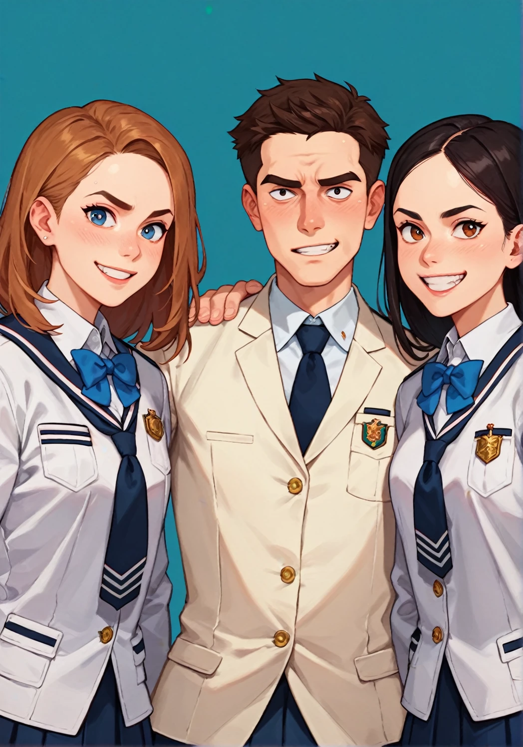 score_9, score_8_up, score_7_up, score_アニメ, Three friends, ((different genders)), guy on the right, guy on the left, (white jackets), (дорогая school uniform), (school uniform), (British style), looking straight into the camera, front view, confident pose