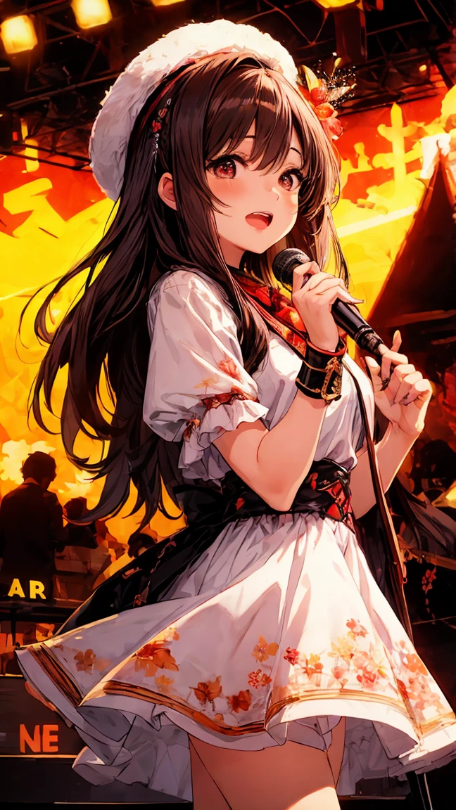 Very cute and beautiful K-POP female singers, Singing on the Gondola Live Stage, 
break,
Face close-up, Singing scene, Dress scene, Looking at the audience, 
break,
Expressing the singer in bright colors, Expressing the singer&#39;s dress in colorful colors, Expressing the singer&#39;s voice in warm colors