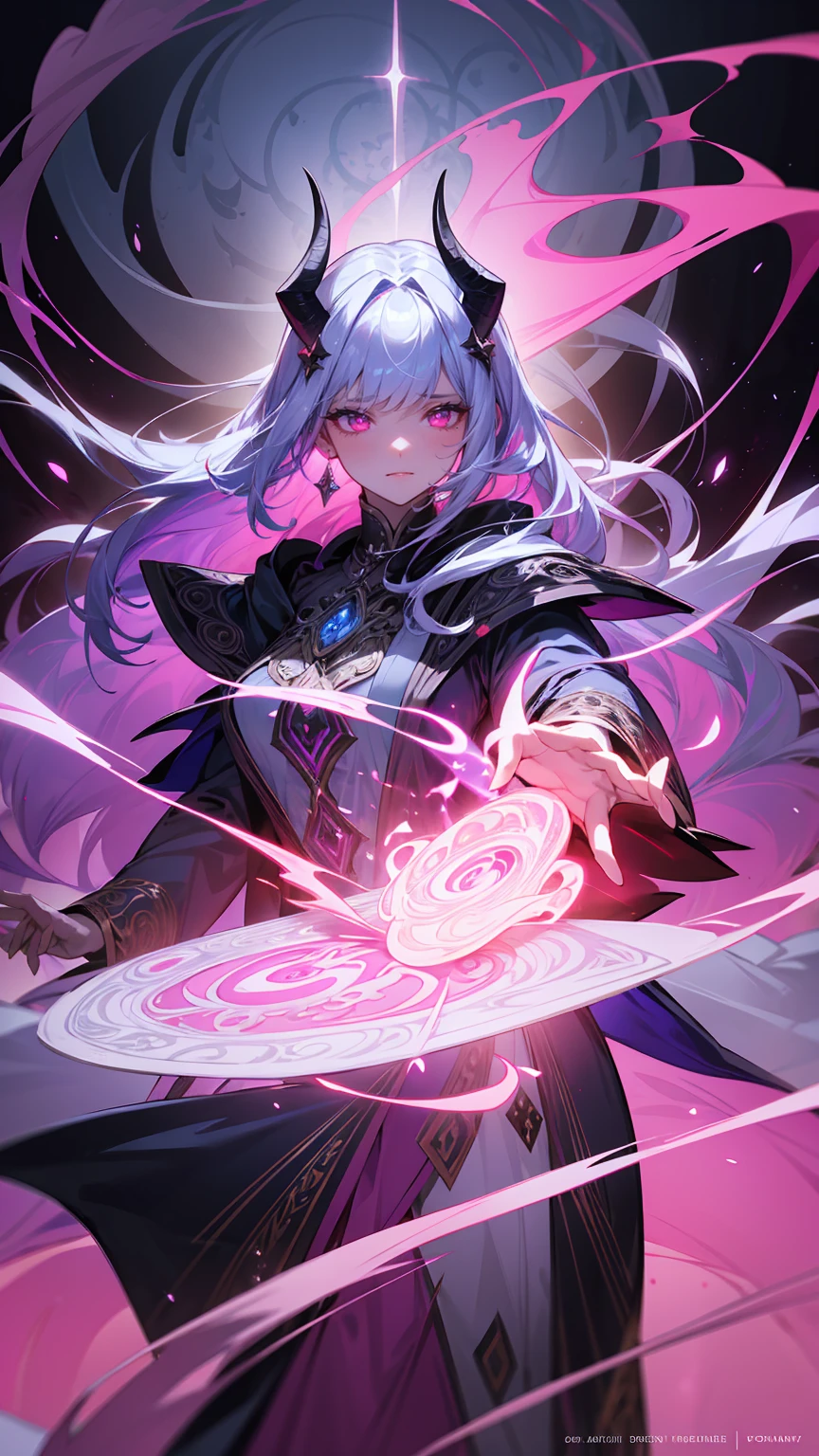 Create an illustration of a powerful, dark sorceress with deep purple skin and long, flowing white hair. She has glowing pink eyes and wears an elaborate, dark armor with intricate silver and red designs. She has large, curved black horns on her head, adding to her menacing presence. The sorceress holds a glowing blue lightning orb in one hand and a pink magical orb in the other. Her background is a mystical setting with ancient scrolls and scripts, with vibrant swirls of pink and blue magical energy emanating from her, blending into the surrounding atmosphere.