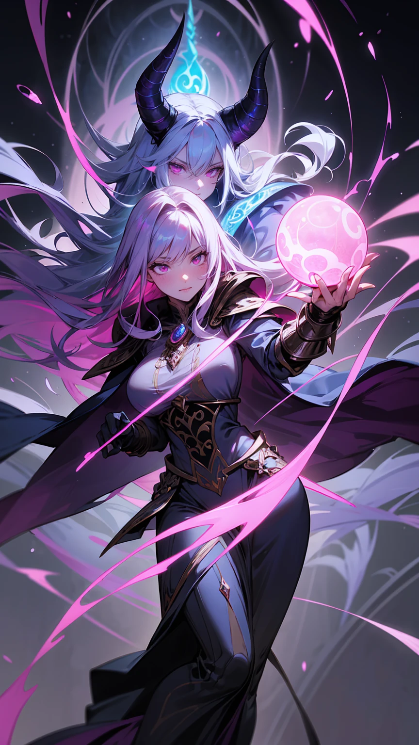 Create an illustration of a powerful, dark sorceress with deep purple skin and long, flowing white hair. She has glowing pink eyes and wears an elaborate, dark armor with intricate silver and red designs. She has large, curved black horns on her head, adding to her menacing presence. The sorceress holds a glowing blue lightning orb in one hand and a pink magical orb in the other. Her background is a mystical setting with ancient scrolls and scripts, with vibrant swirls of pink and blue magical energy emanating from her, blending into the surrounding atmosphere.