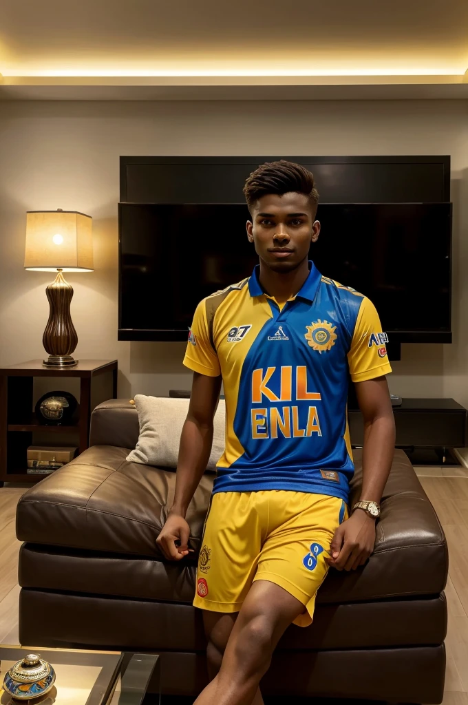 In a spacious, tastefully decorated living room, a lifelike scene unfolds. A young man, approximately 21 years old, engrossed in an ipl match, sits before grand led tv. He proudly sports a vibrant CSK team jersey on which name Hanzala and the number 87csk emblazoned boldly. The natural lighting casecades through the room, illuminating every detail, while the LED TV screen displays the match in all its glory, captivating the viewer,s attention.