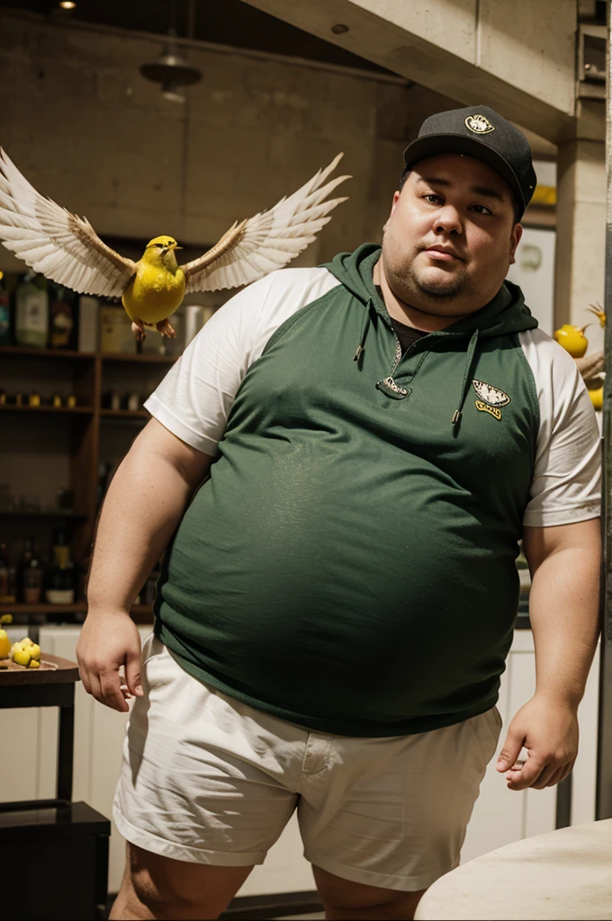 Fat man and canary birt with oce wings
