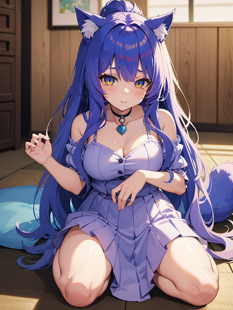 1 girl with blue hair and purple cat ears and unicorn horns, moe art style anime, cute anime catgirl, anime style art, nekomimi, Holo as a wolf girl, anime style, 8k, anime girl with cat ears, anime catgirl, high quality anime art style, cute anime style, anime feel, photorealistic kawaii