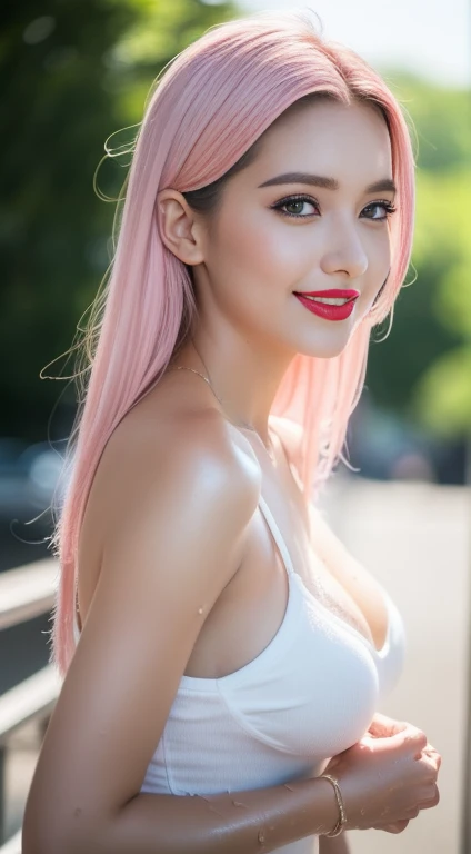 1 girl, Korean model, extremely beautiful, perfect body. Photo taken with Canon EOS R5 85mm f/11 Camera, ((sharp)) mode of people and surrounding scenery. Image quality ((8K)), ((lifelike)), ((masterpiece)), ((sharp and highest contrast)), ((great depth of field)), ((light stereolithography)). ((Pink hair)), long and smooth, the wind blows it beautifully under the bright sunlight. Beautiful face, perfect and sexy, holy, perfectly balanced, ((beautiful in every detail)), ((shiny)), ((high-end cosmetic makeup)), ((shiny bright, radiant)). Bright smile, pure white teeth and details. Seductive glossy red lips, ((brilliant glossy red lipstick)). The eyes are brown, glossy, seductive, ((sharp makeup)), realistic, ((wet eyes)) and detailed. Pink eyeshadow, long eyelashes, blush, high-end cosmetics. Two delicate eyelids, perfectly beautiful and detailed, black eyelashes. Eyebrows are curved, sparse, sharp and detailed. High and detailed nose. Cheeks are prominent and detailed. ((Ivory white, bright white skin)), detailed pores, ((shiny skin)), smooth, rosy, flawless skin texture. Long, shiny legs. Beautiful, perfect hands, ((no flaws)). ((Light shines directly on the face)), bright sunlight, ((shines light on the front part of the girl's body)), ((girl smiles brightly)).
Panoramic photo, exposed breasts, exposed vagina, wet, lewd, horny.